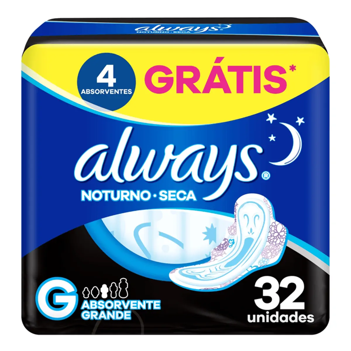 ABSORVENTE ALWAYS SECA NOTURNO 28CM COM ABAS COM 32 UNIDADES