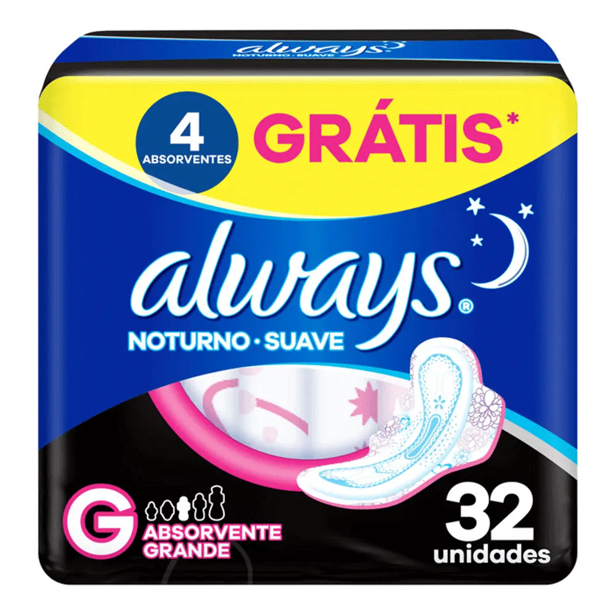 ABSORVENTE ALWAYS SUAVE NOTURNO 28CM COM ABAS COM 32 UNIDADES