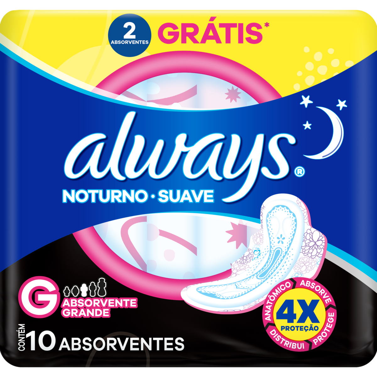 ABSORVENTE ALWAYS SUAVE NOTURNO COM ABAS G LEVE 10 PAGUE 8
