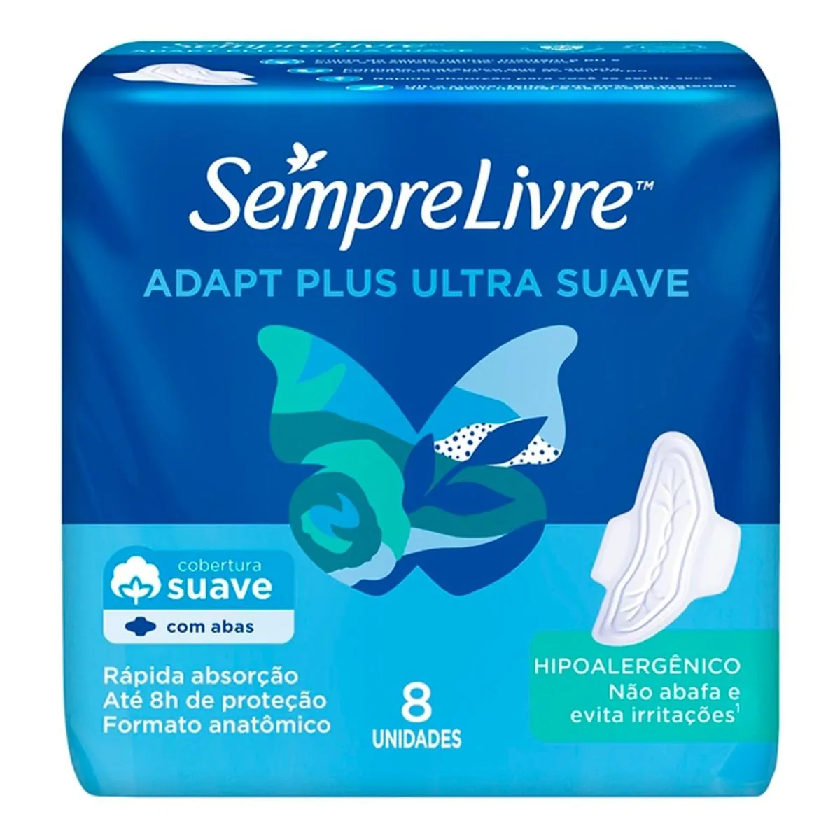 ABSORVENTE SEMPRE LIVRE ADAPT PLUS SUAVE COM ABAS COM 8 UNIDADES