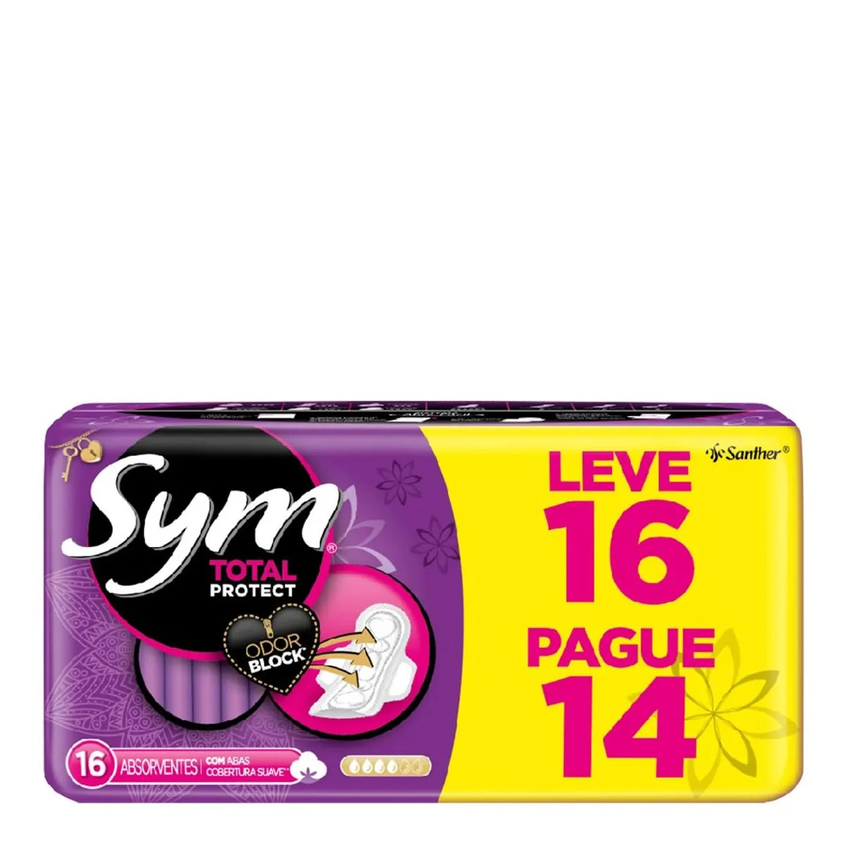 ABSORVENTE SYM COBERTURA SUAVE COM ABAS COM 16 UNIDADES
