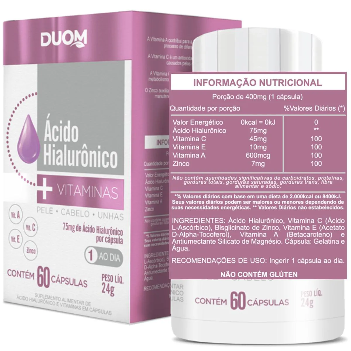 ACIDO HIALURONICO+VITAMINAS 75MG COM 60 COMPRIMIDOS DUOM
