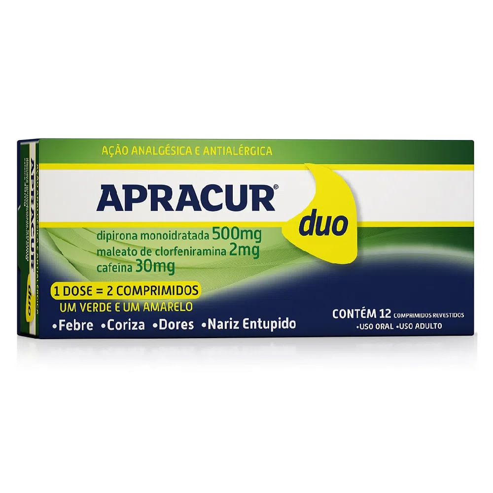APRACUR DUO 250MG+30MG VERDE E 250MG+2MG AMARELO COM 12 COMPRIMIDOS COSMED