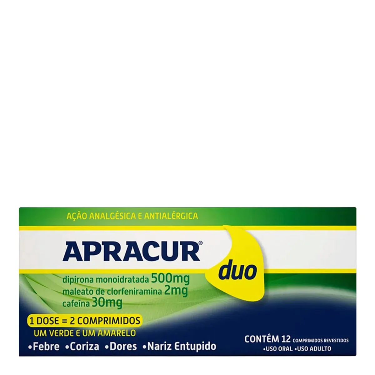 Thumbnail de APRACUR DUO 250MG+30MG VERDE E 250MG+2MG AMARELO COM 12 COMPRIMIDOS COSMED