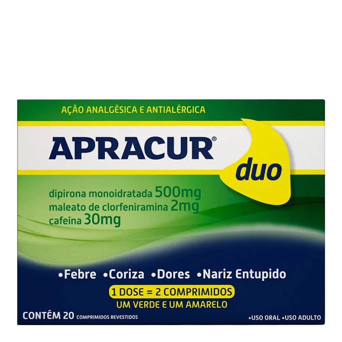 APRACUR DUO 250MG+30MG VERDE E 250MG+2MG AMARELO COM 20 COMPRIMIDOS COSMED