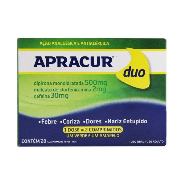 Thumbnail de APRACUR DUO 250MG+30MG VERDE E 250MG+2MG AMARELO COM 20 COMPRIMIDOS COSMED