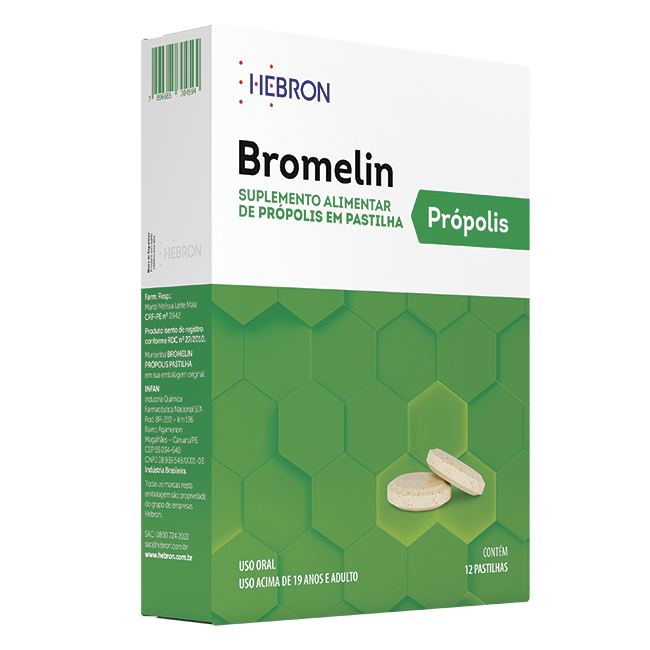 BROMELIN COM PROPOLIS COM 12 PASTILHAS HEBRON