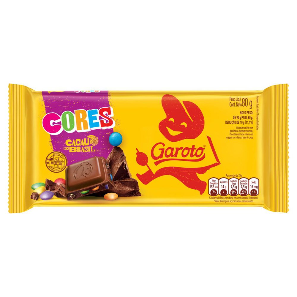 CHOCOLATE AO LEITE COM PASTILHAS COLORIDAS GAROTO CORES 80G