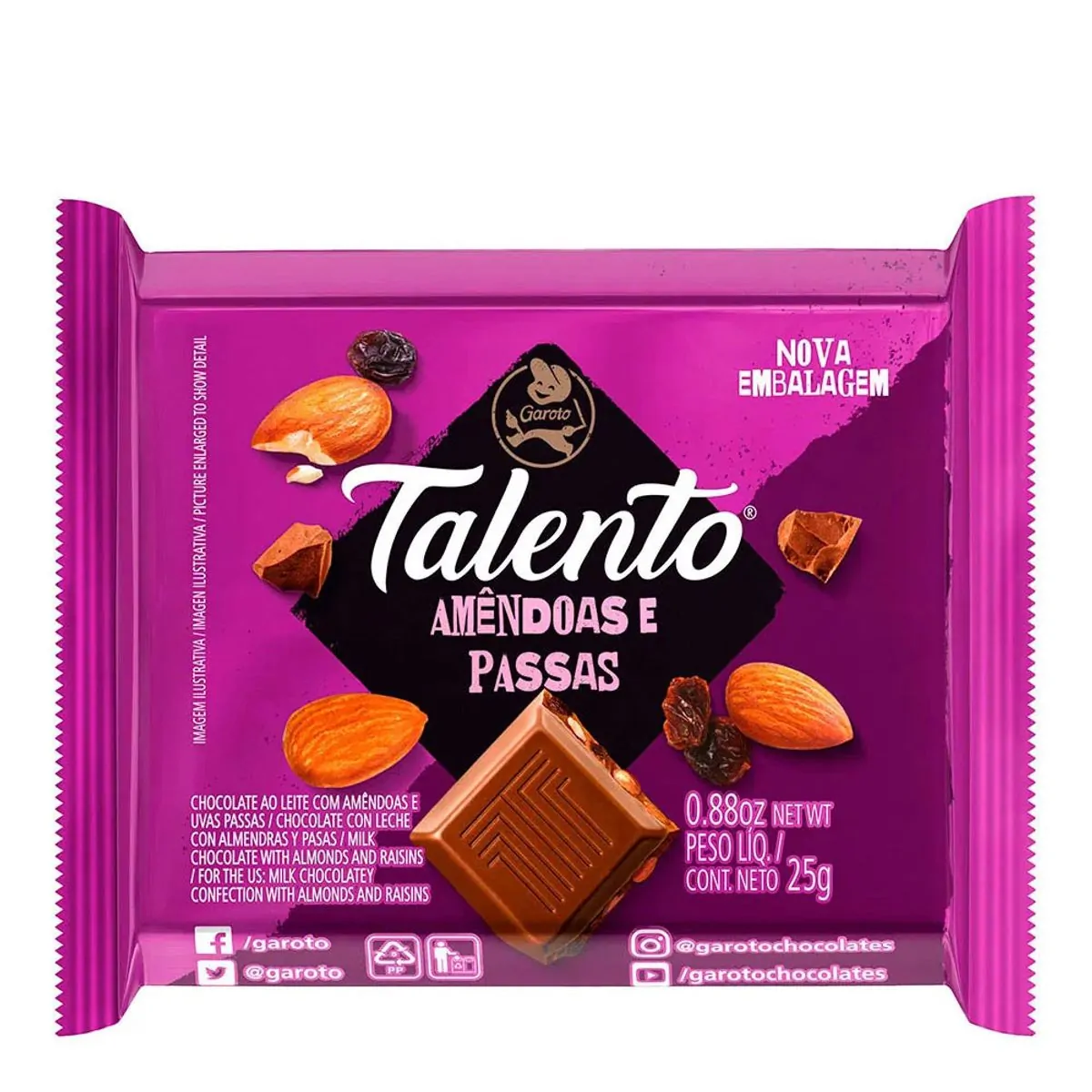 CHOCOLATE TALENTO LEITE COM AMENDOAS E PASSAS 25G