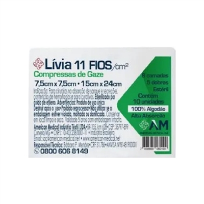 COMPRESSA DE GAZE LIVIA 11 FIOS PACOTE COM 10 UNIDADES