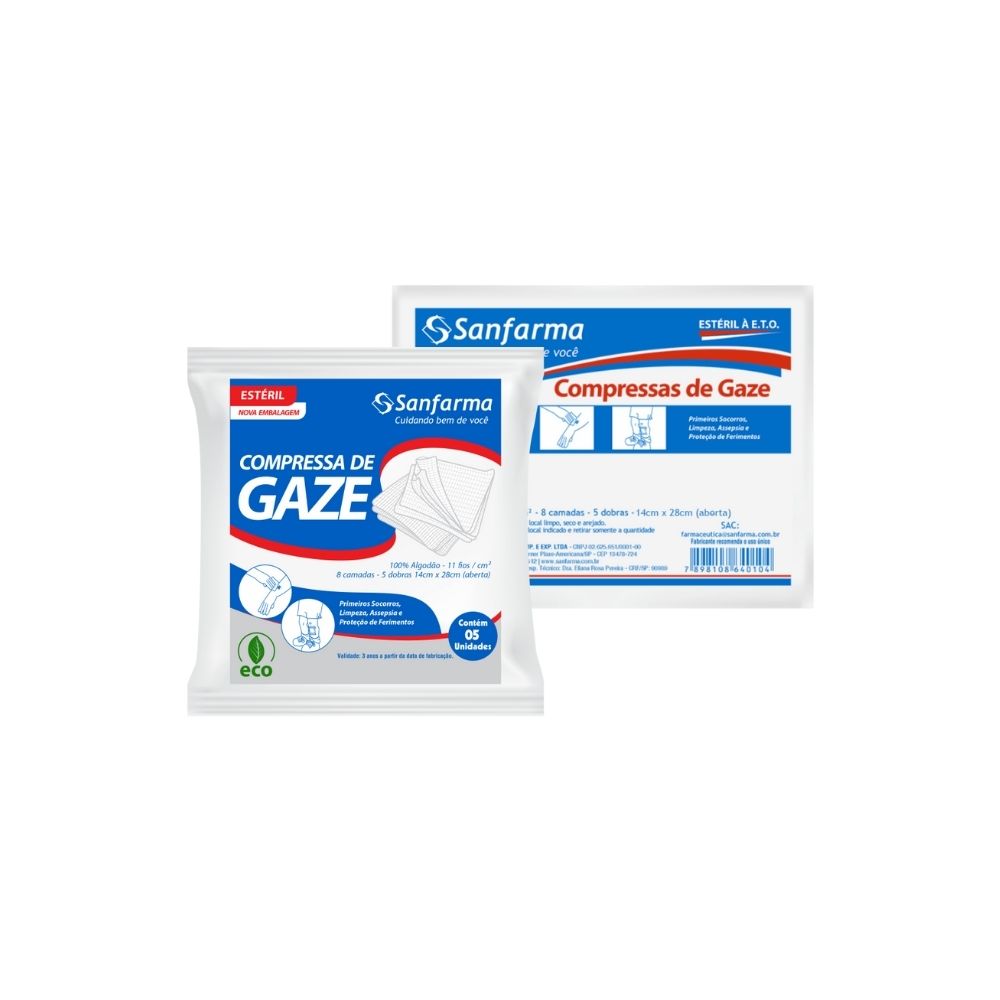 COMPRESSA DE GAZES SANFARMA 11 FIOS ESTERIL COM 5 UNIDADES