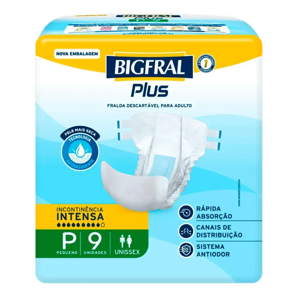 FRALDA DESCARTAVEL ADULTO BIGFRAL PLUS REGULAR TAMANHO P COM 9 UNIDADES