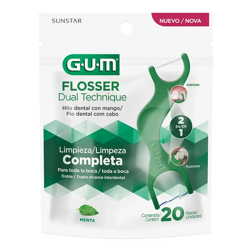 HASTES COM FIO DENTAL GUM FLOSSER DUAL TECHNIQUE COM 20 UNIDADES