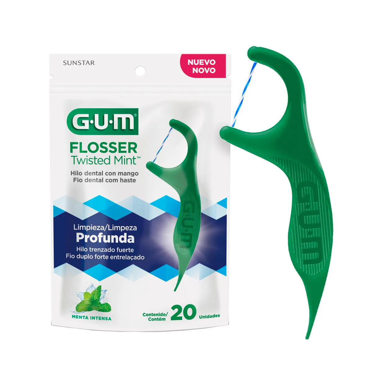 HASTES COM FIO DENTAL GUM FLOSSERS TWISTED COM 20 UNIDADES