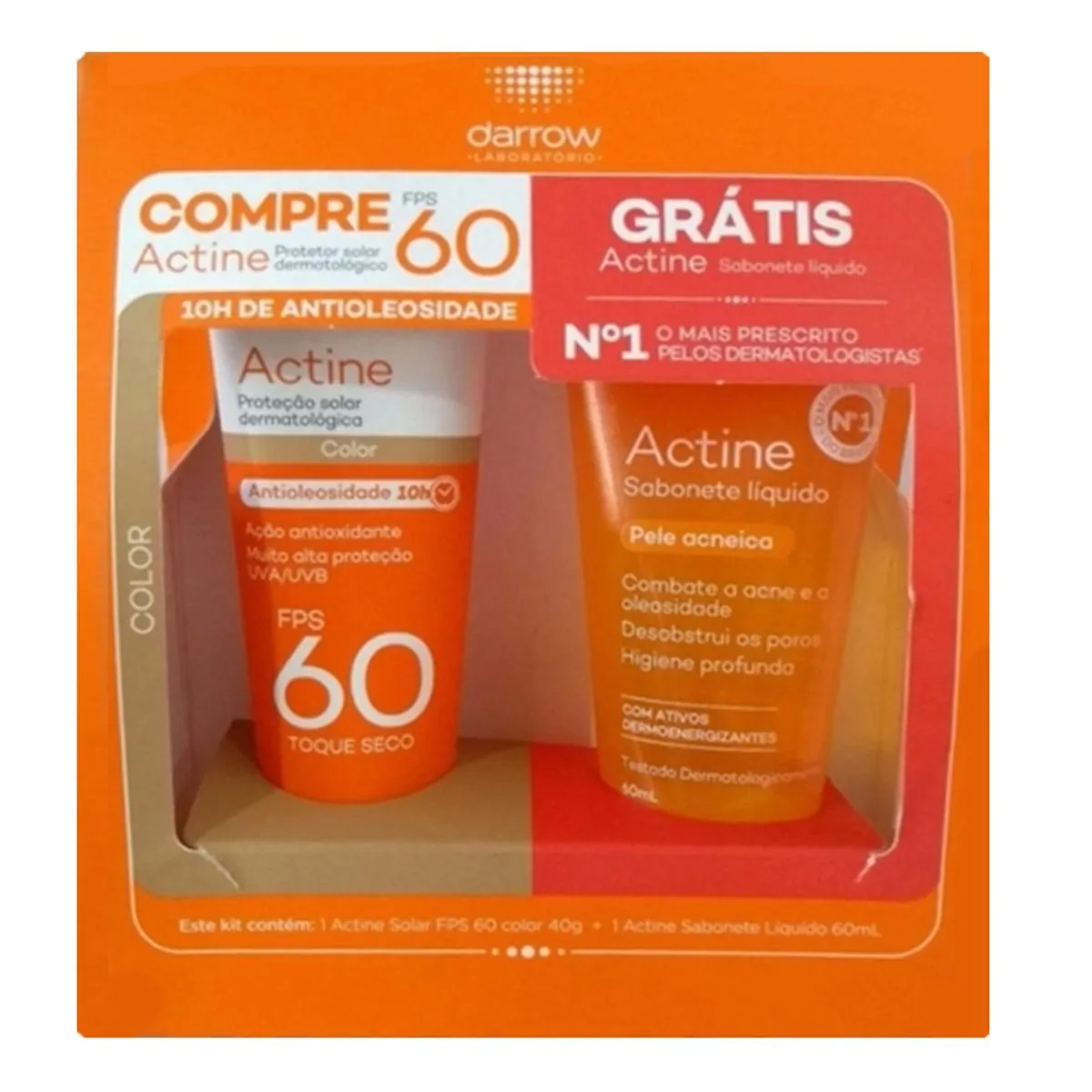 KIT ACTINE GEL DE LIMPEZA 40G + PROTETOR SOLAR FPS60 COM COR 40G