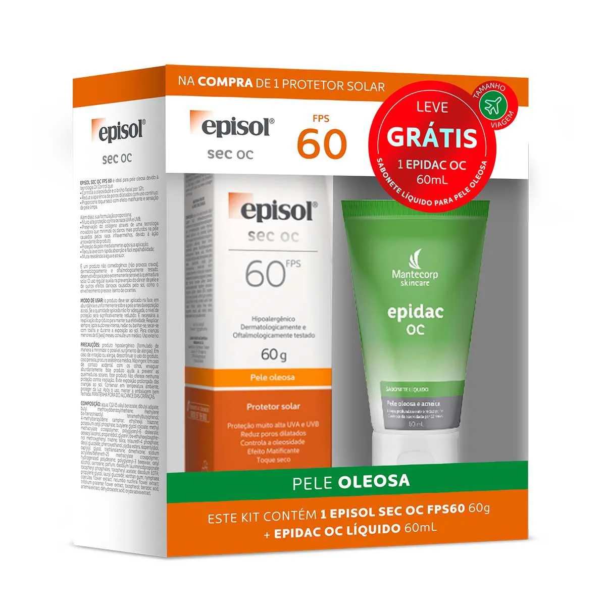 KIT PROTETOR SOLAR EPISOL SEC OC FPS60 E SABONETE LIQUIDO EPIDAC OC 60ML