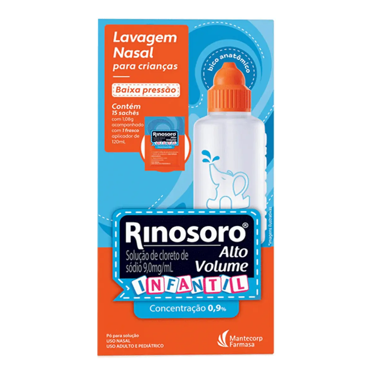KIT RINOSORO ALTO VOLUME 0,9% INFANTIL PO PARA SOLUCAO COM 15 SACHES E FRASCO DE 120ML
