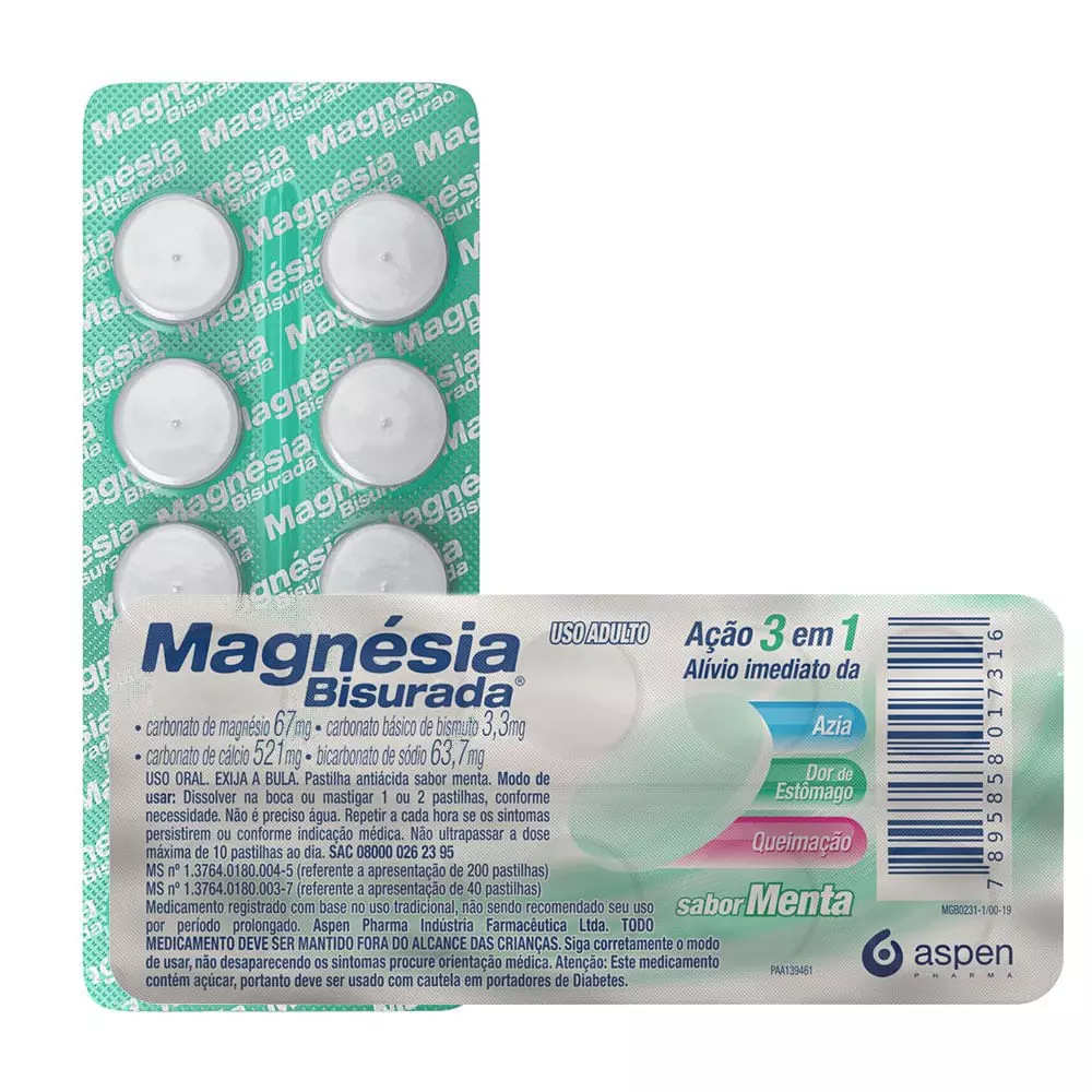 MAGNESIA BISURADA 63,70MG+521,0MG+67,0MG+3,30MG CAIXA COM 200 PASTILHAS