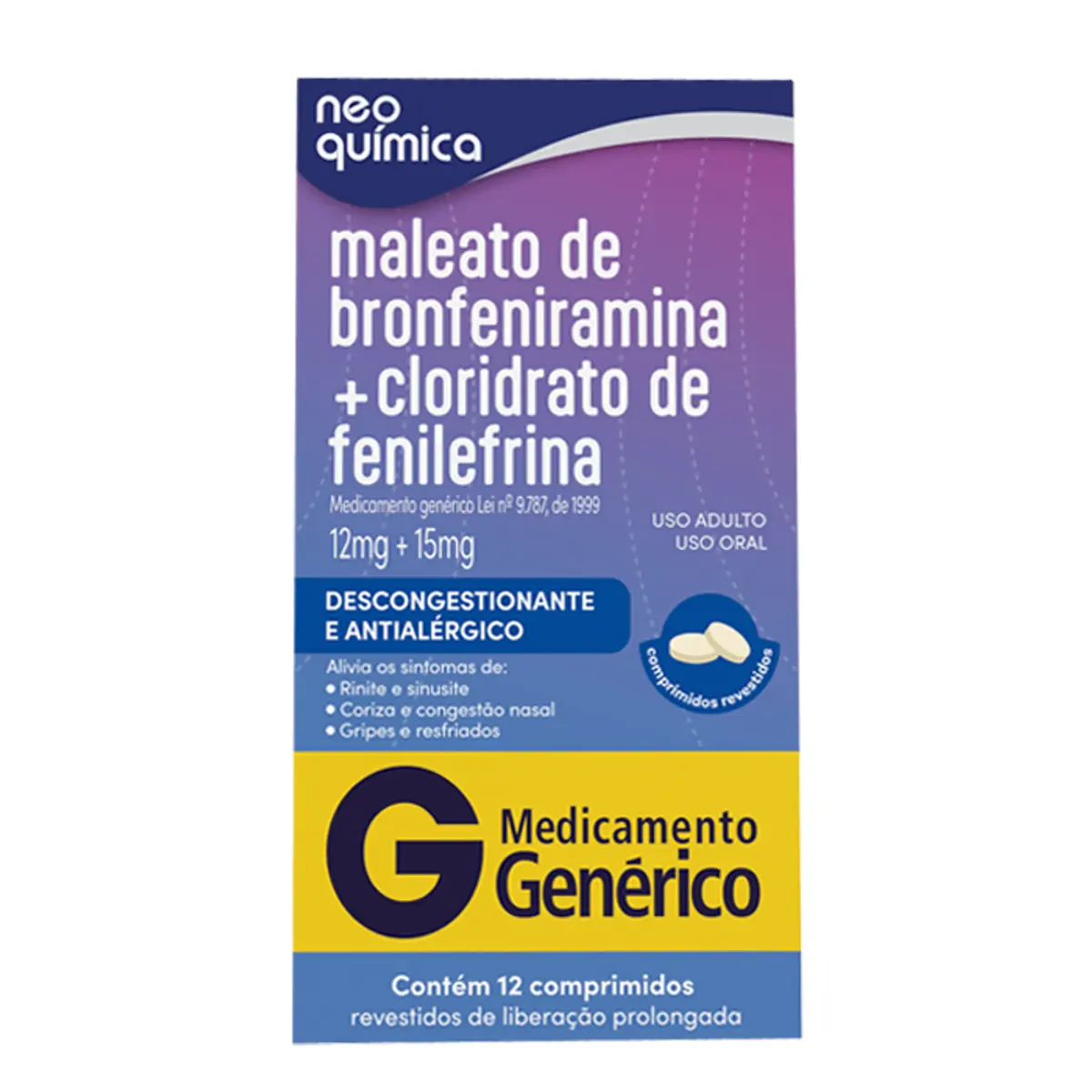 MALEATO DE BRONFENIRAMINA+CLORIDRATO DE FENILEFRINA 12MG+15MG CAIXA COM 12 COMPRIMIDOS REVESTIDOS DE LIBERACAO PROLONGADA