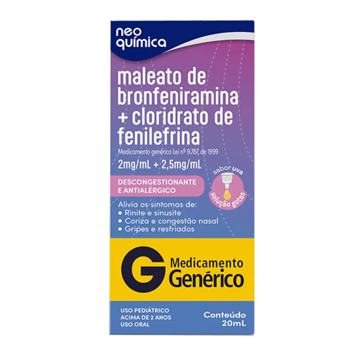 Thumbnail de MALEATO DE BRONFENIRAMINA+CLORIDRATO DE FENILEFRINA 2MG+2,5MG/ML SOLUCAO GOTAS FRASCO COM 20ML
