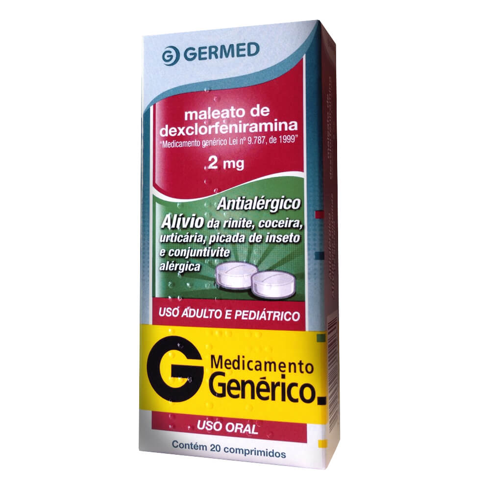 MALEATO DE DEXCLORFENIRAMINA 2MG GERMED GENERICOS CAIXA COM 20 COMPRIMIDOS