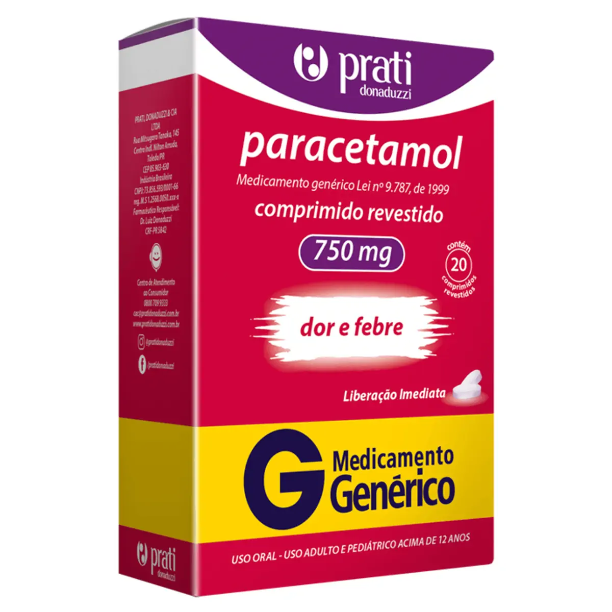 PARACETAMOL 750MG PRATI DONADUZZI COM 20 COMPRIMIDOS REVESTIDOS
