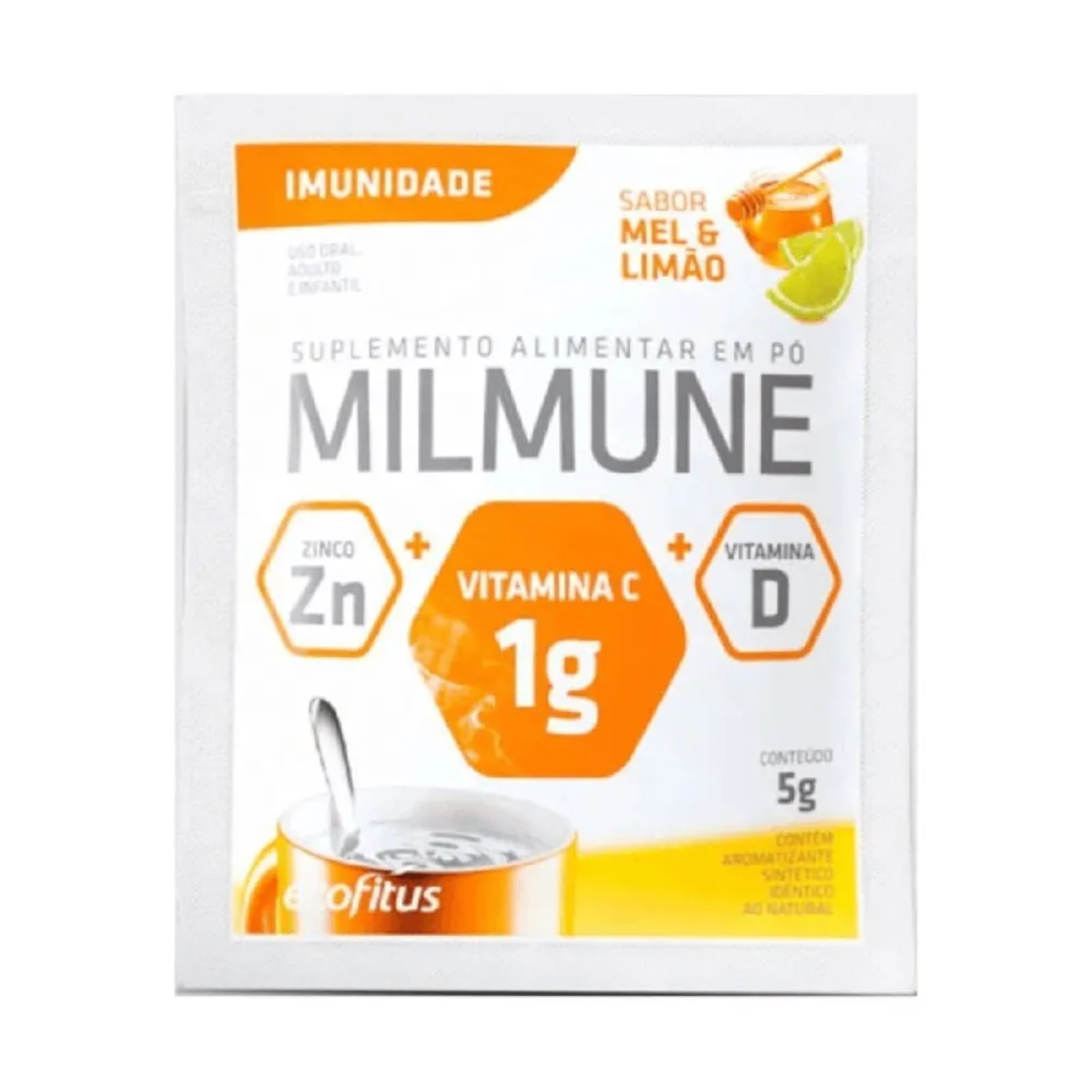 SUPLEMENTO MILMUNE SOLUVEL SABOR MEL E LIMAO 5G COM 50 UNIDADES
